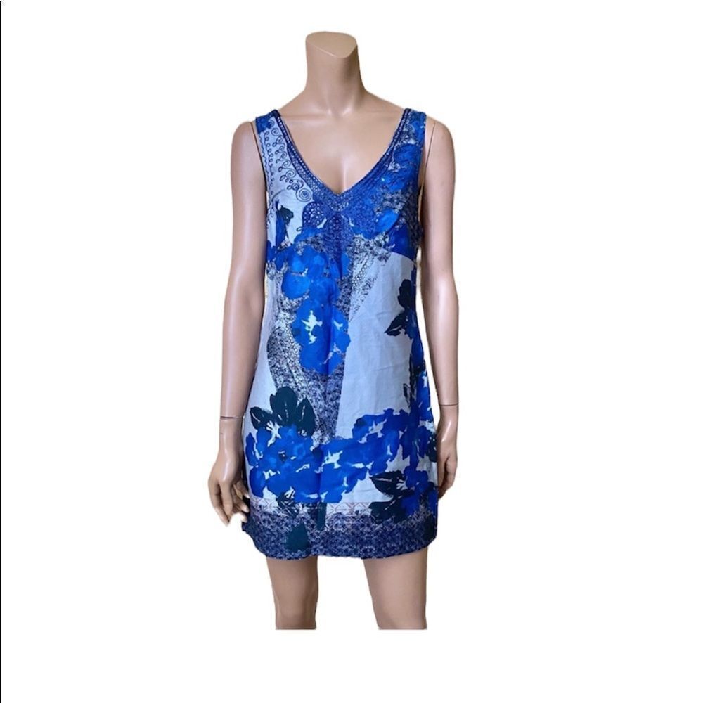 Free People Y2K blue floral embroidered sleeveless mini Shift dress S